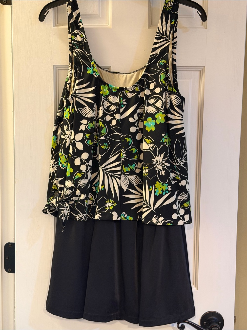Maxine of Hollywood Black Floral Tank One-Piece Swimsuit with Green Accents